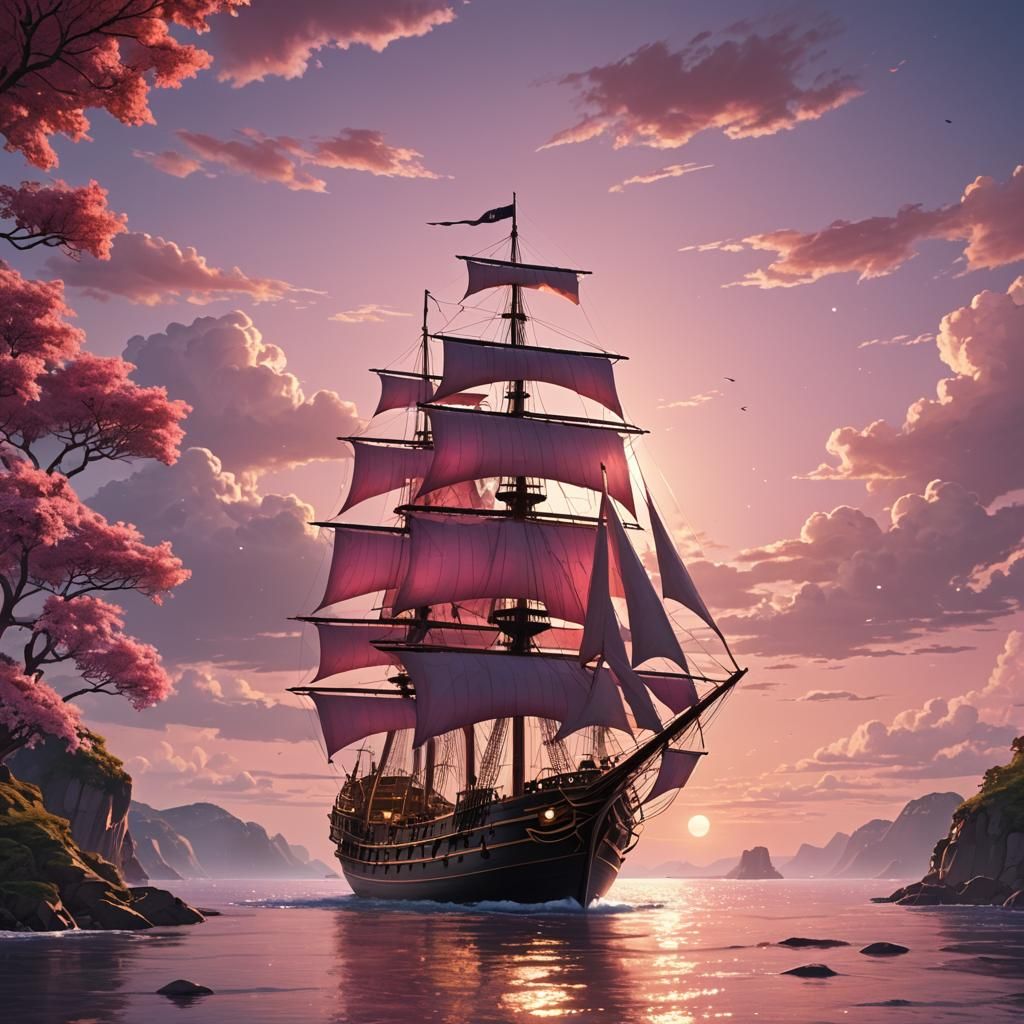 a ship sailing in as there's a pink sunset