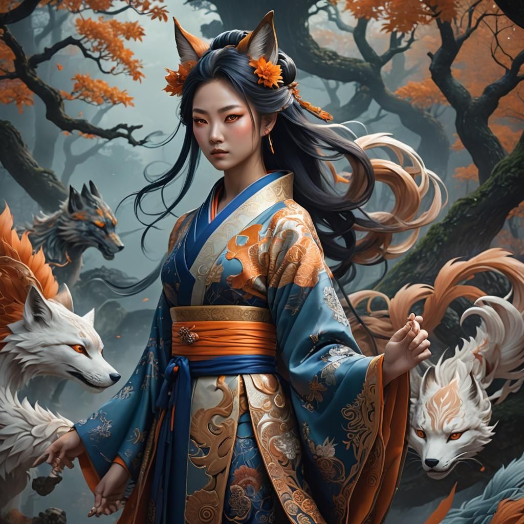 Kitsune Woman in Misty Forest: Fantasy Concept Art