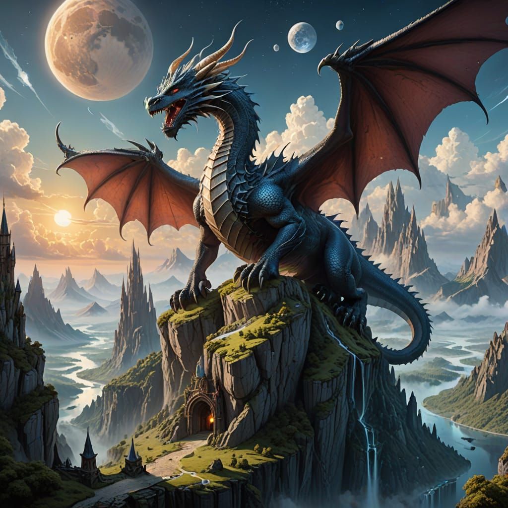 Epic Fantasy Landscape with Crystalline Spires and Dragon