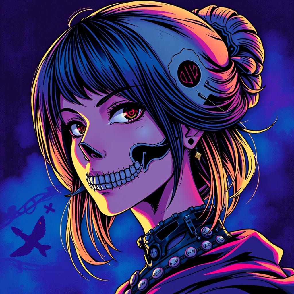 Anime-Inspired Portrait of a Young Woman with a Skull Aesthe...