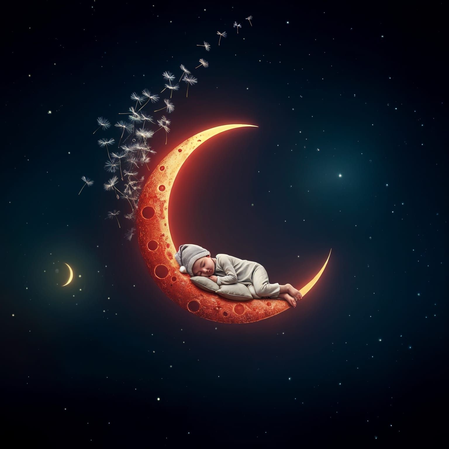 Dreamy Lunar Landscape with Sleeping Child in Vast Space