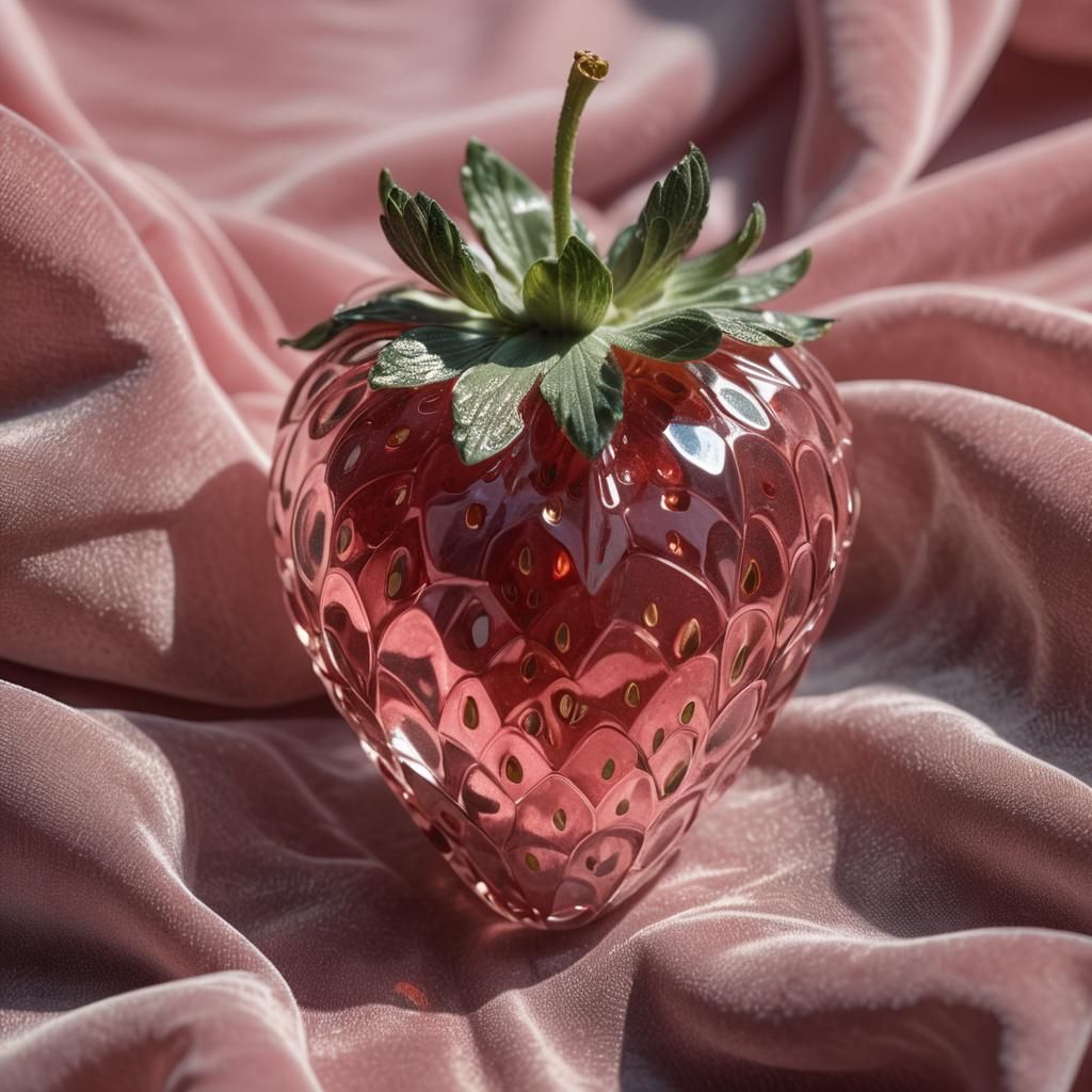 Surreal Glass Strawberry on Velvet: Digital Art