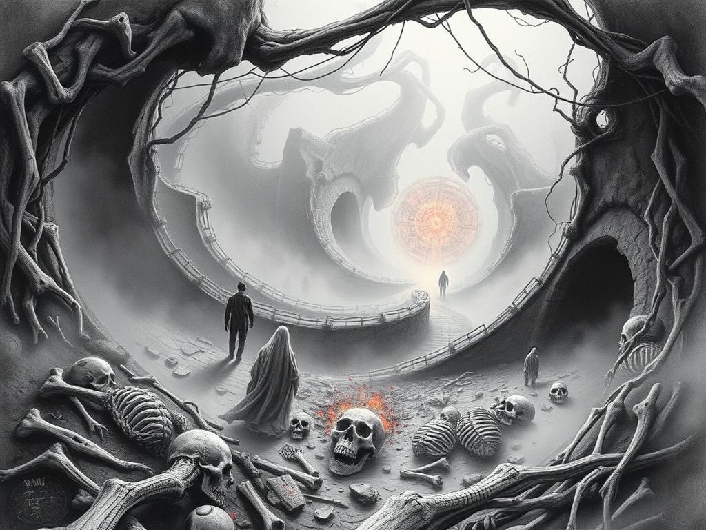 Ethereal Bone Labyrinth with Ghostly Apparitions