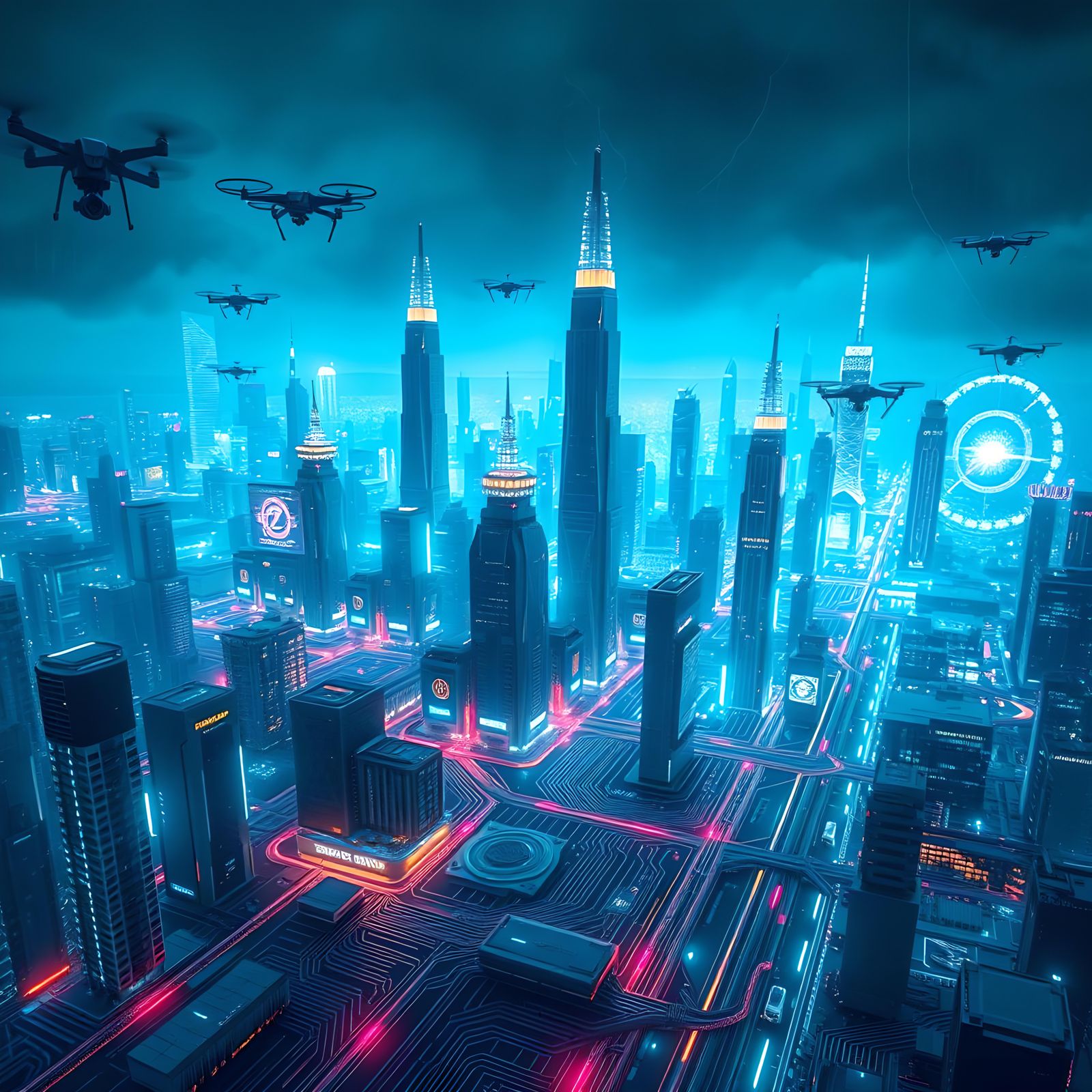 Cyberpunk City Emerging from Circuit Board, Digital Art