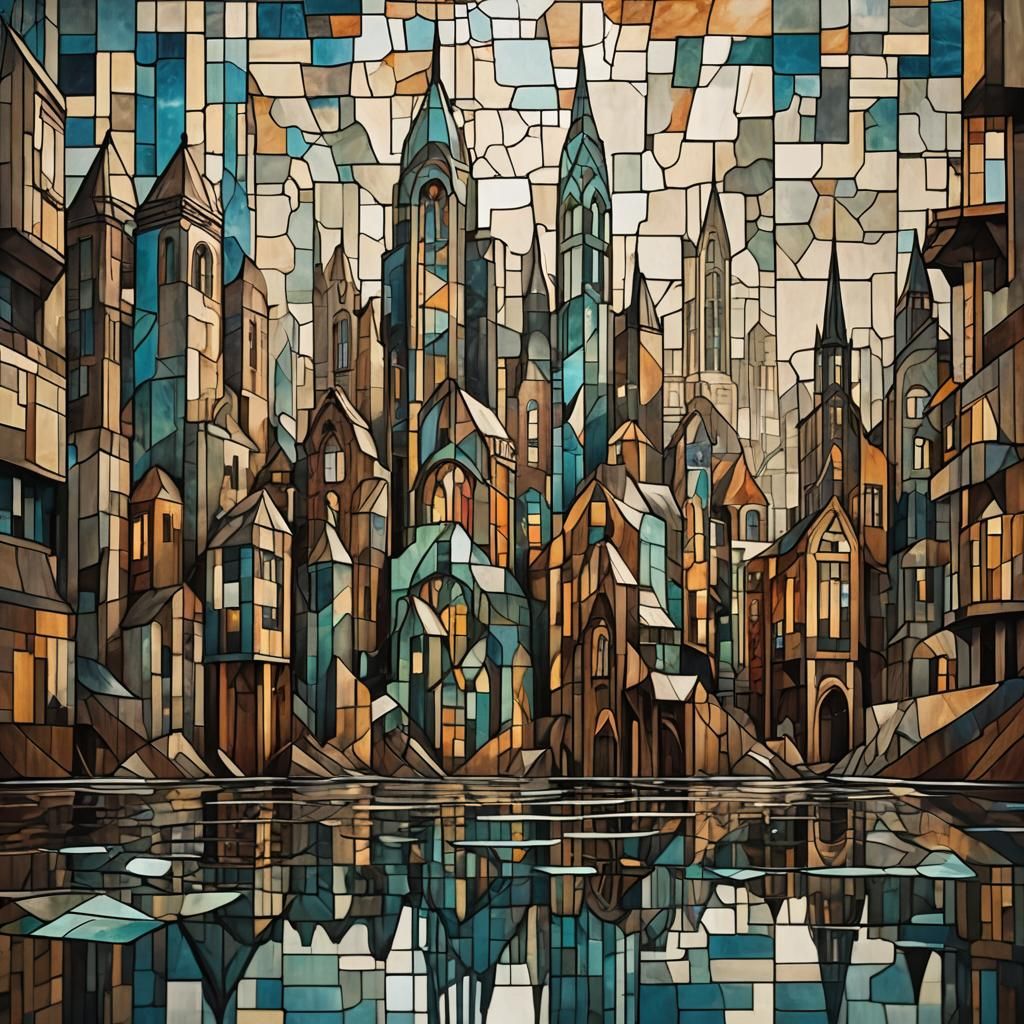 Cubist Steampunk Cityscape with Dragon in Flight