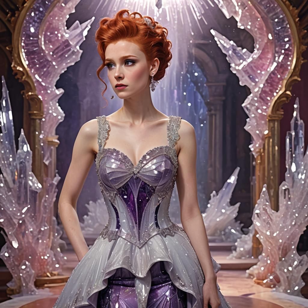 Woman in Crystal Dress in Ballroom, Hyperrealistic