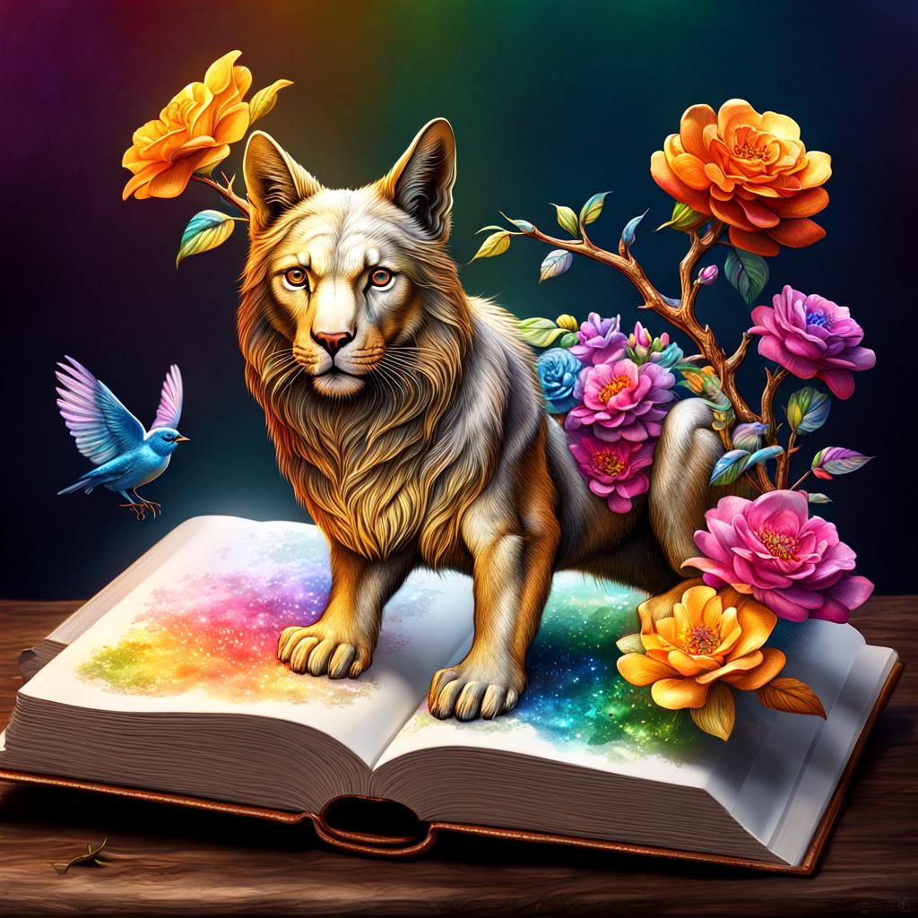 Rainbow Flowers and Magical Animals on Golden Branch