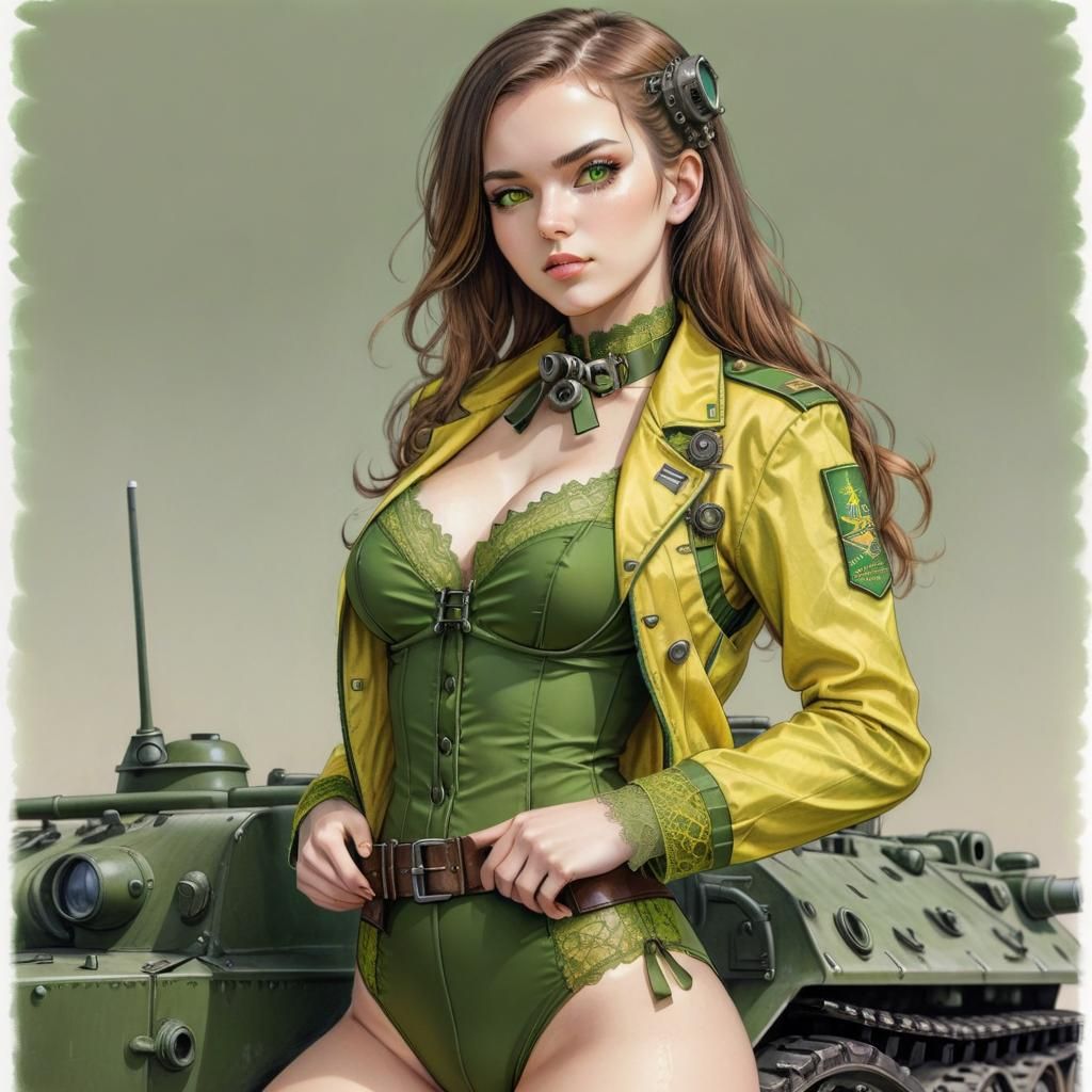 Steampunk Woman on Panzer in Color Pencil Art