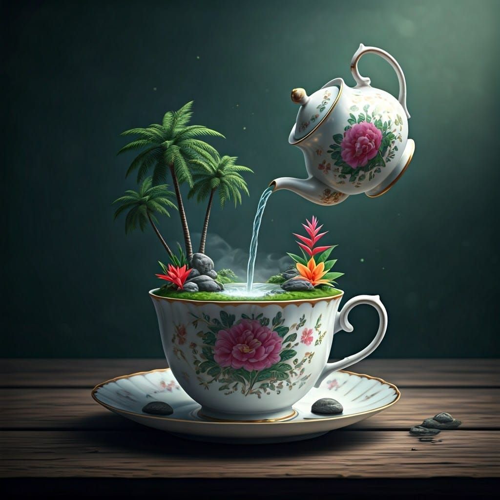 Teacup Oasis with Waterfall in Watercolor Style