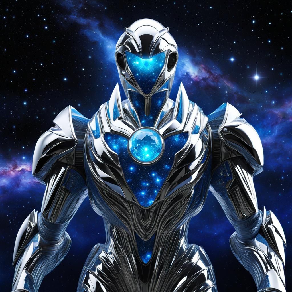 Silver Golem Journeying Through Nebula in Space