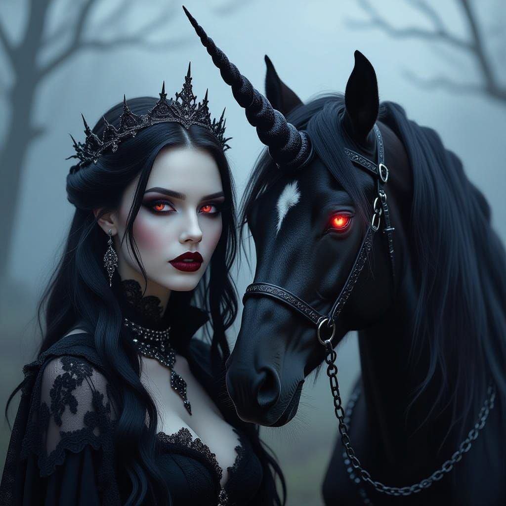 Gothic Beauty and Unicorn Amidst Haunting Dark Fantasy