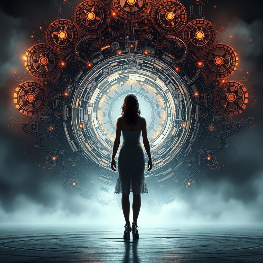 Woman's Reflection Dissolves into Mechanical Gears