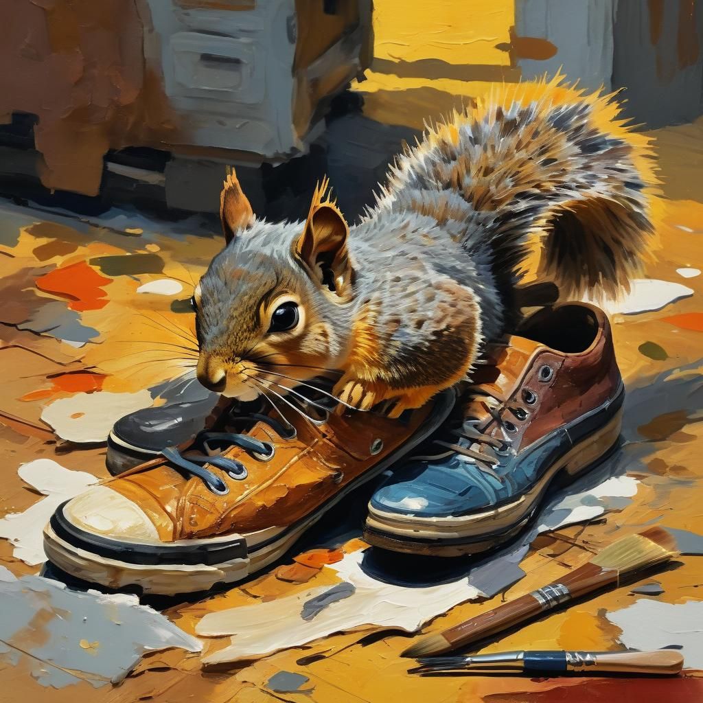 Squirrel and Shoe: An Impressionist Gouache Painting