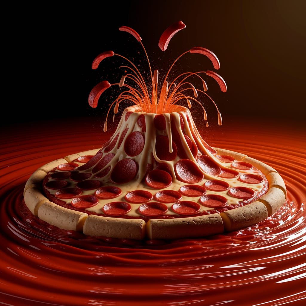 Pizza Volcano Eruption in Alcohol Ink Style