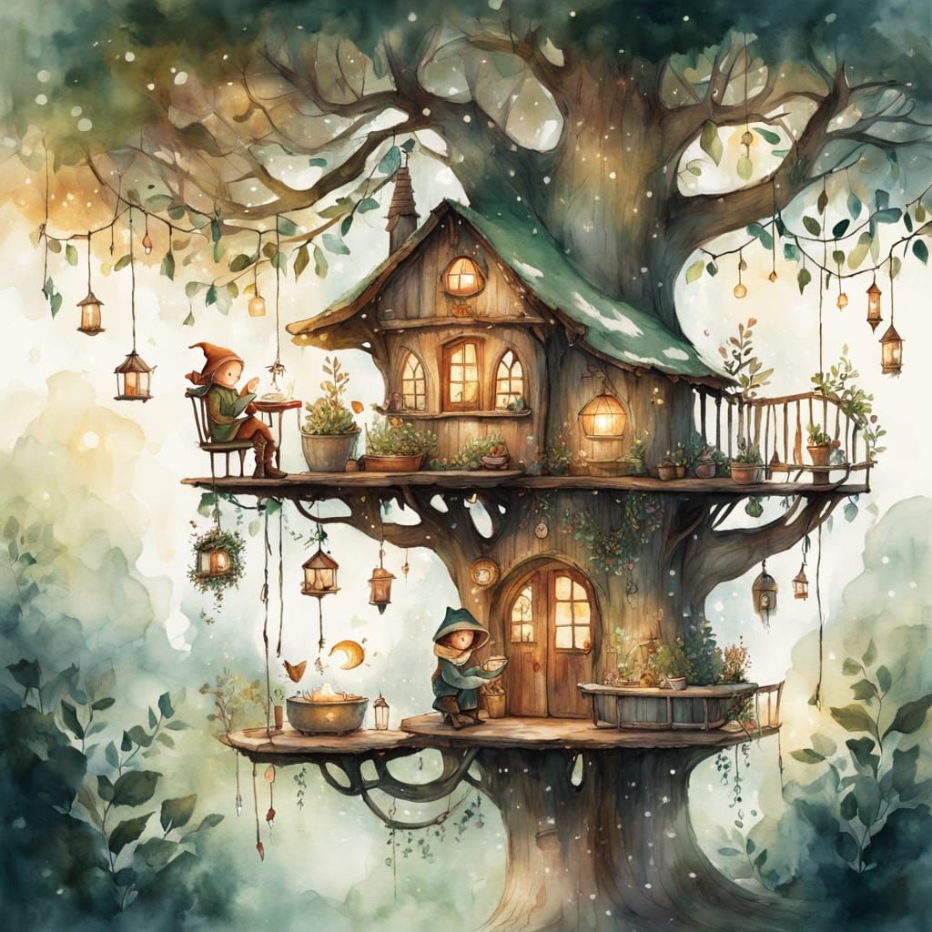 Adorable Elf in Enchanting Treehouse Cozy Scene