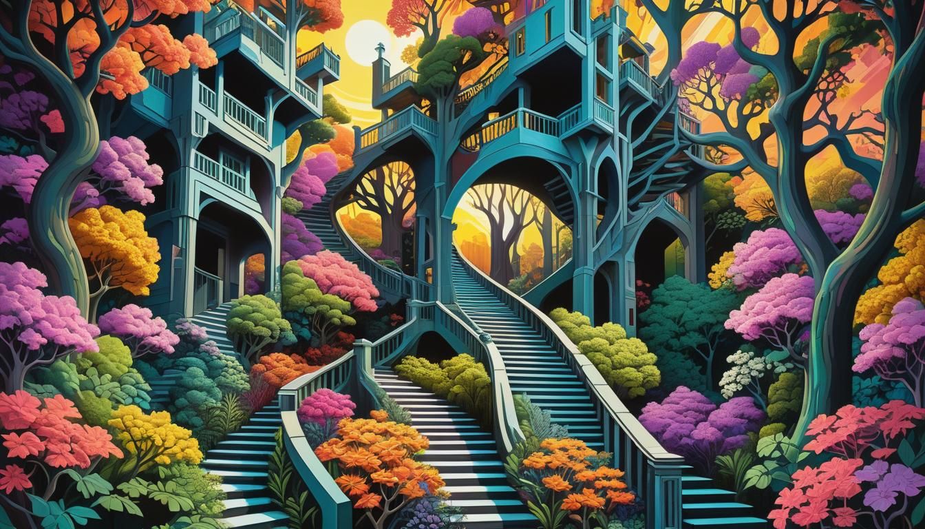 Escher-Inspired Infinite Staircase in Surreal Landscape