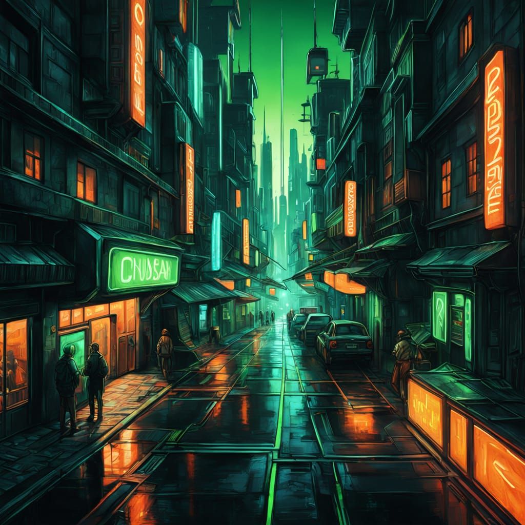 Une ville futuriste brillante de néon vert et orange.