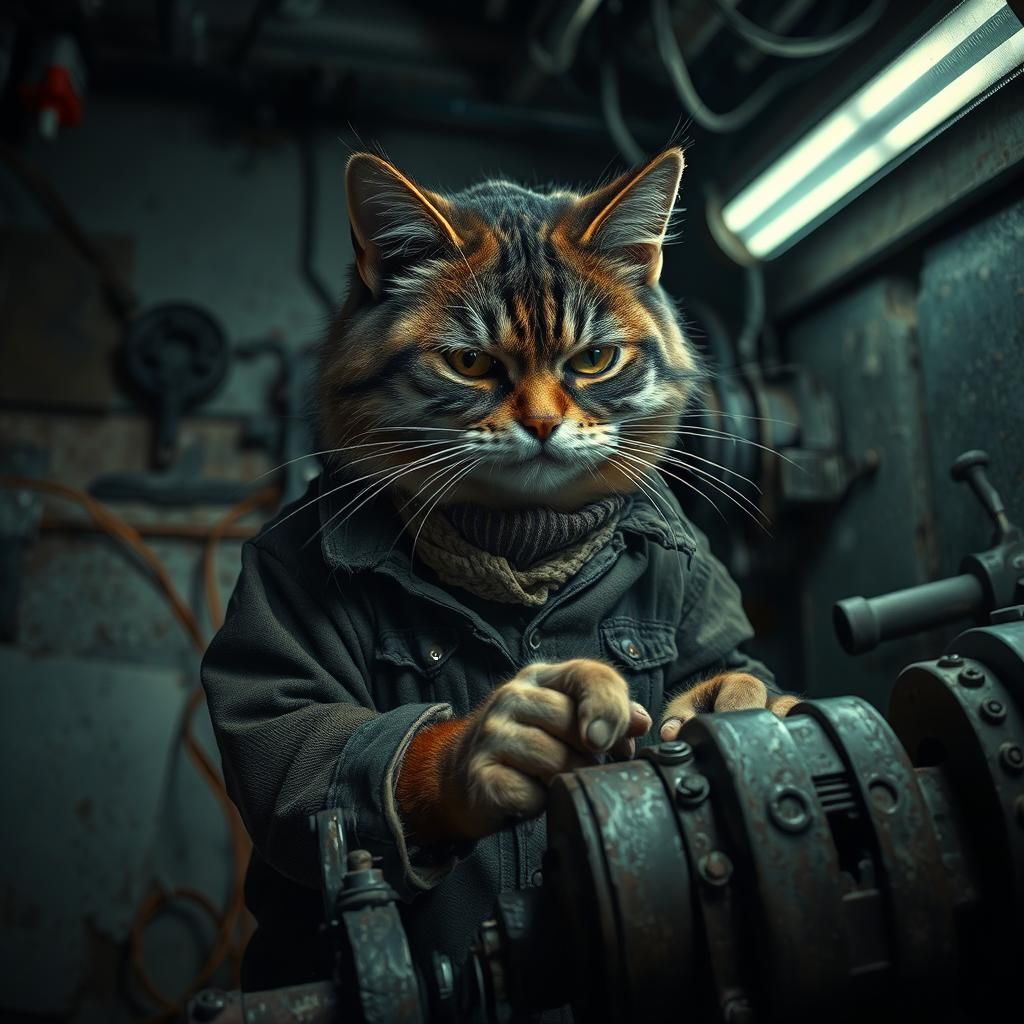 Grumpy Cat's Frustrating Machine Repair as Vintage Art