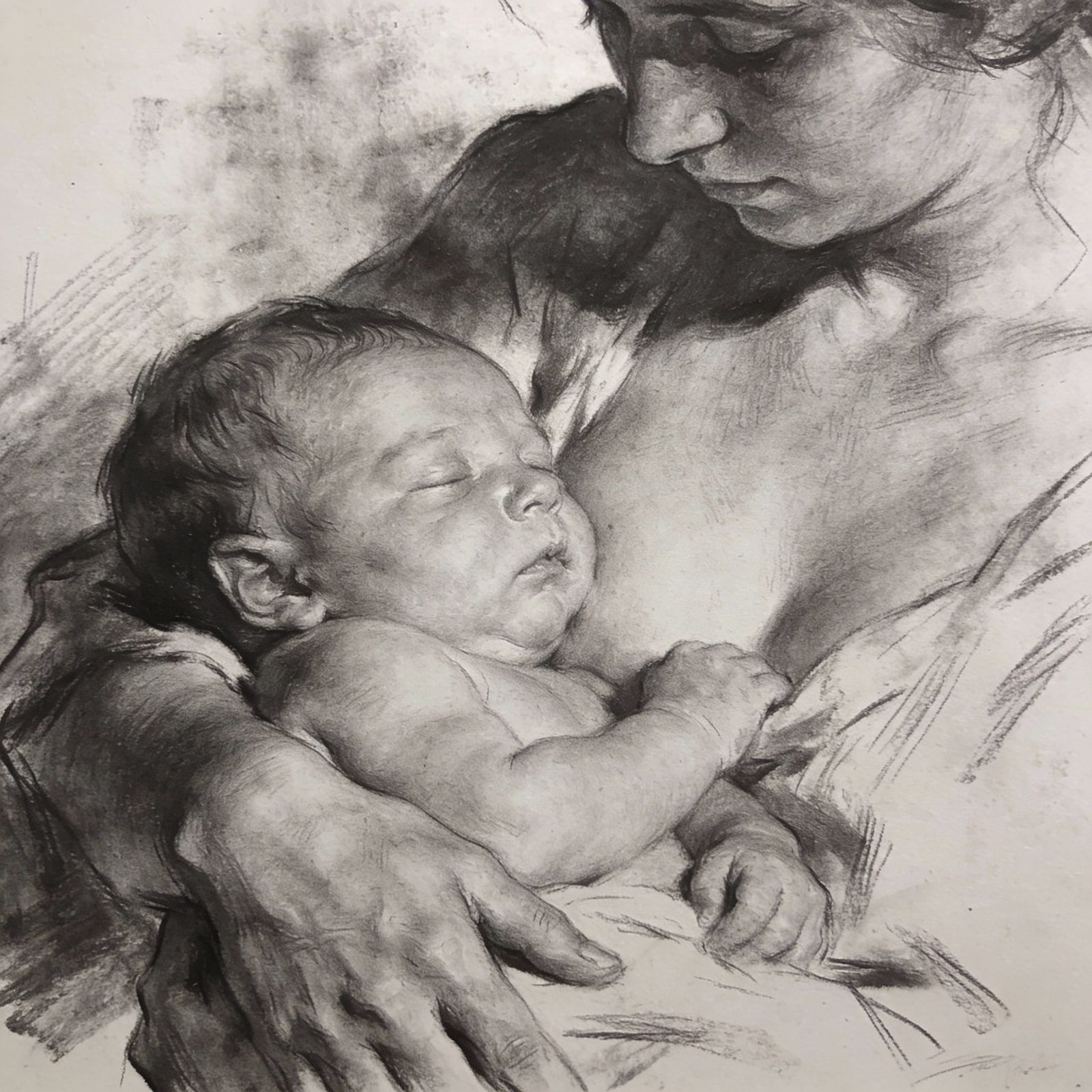 Newborn in Mother's Arms: Hyperdetailed Charcoal Drawing