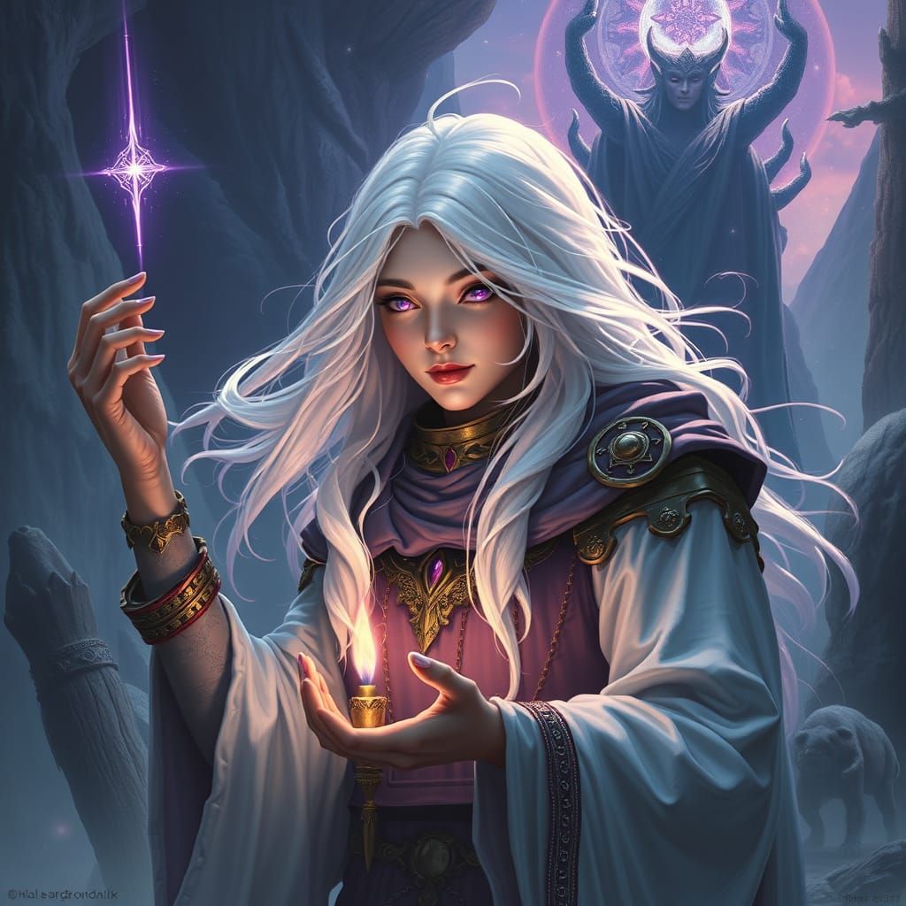 Mystical Kalashtar Cleric in Dreamlike Twilight Scenery