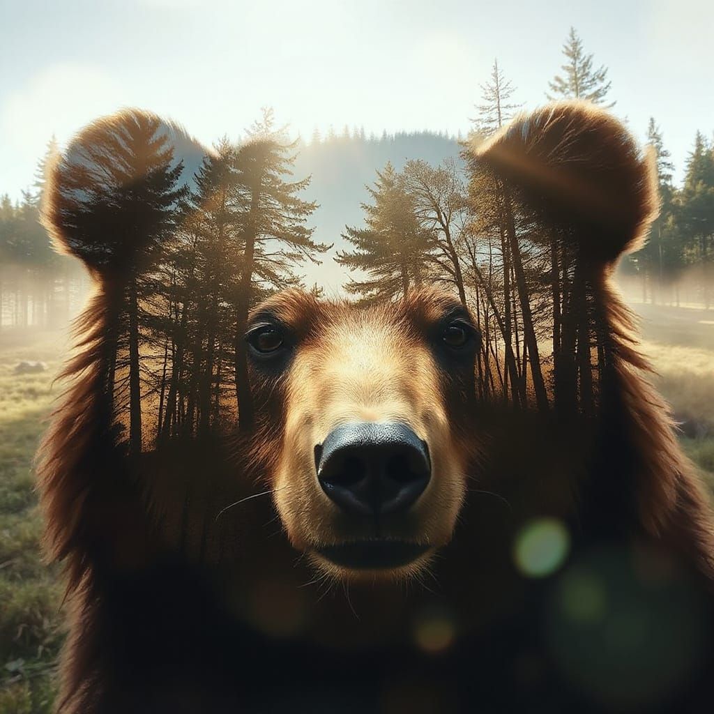Bear's Face Transformed by Forest Landscape in Double Exposu...