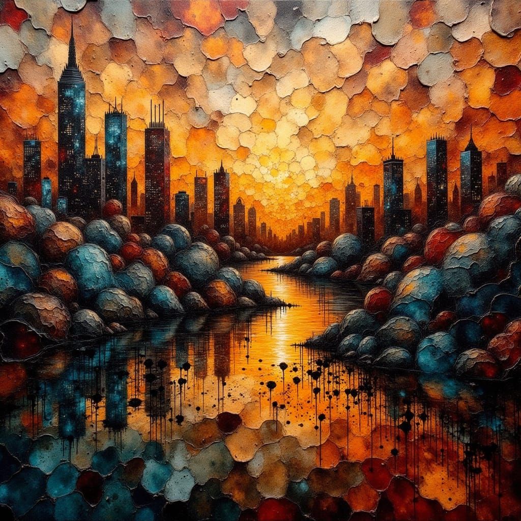 Surreal Cityscape in Warm Sunset Glow, Kintsugi Mosaic Style