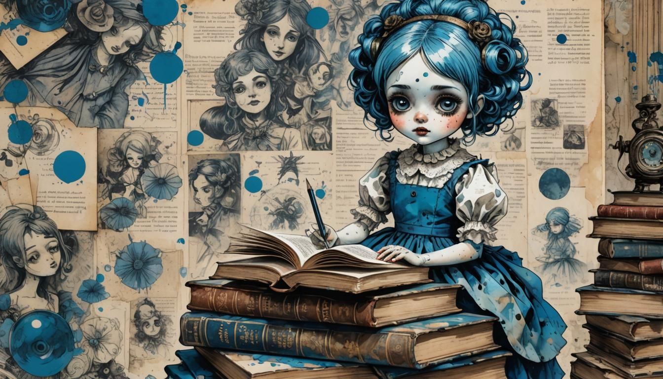 Blue-Haired Doll in Pen and Ink Comic Style