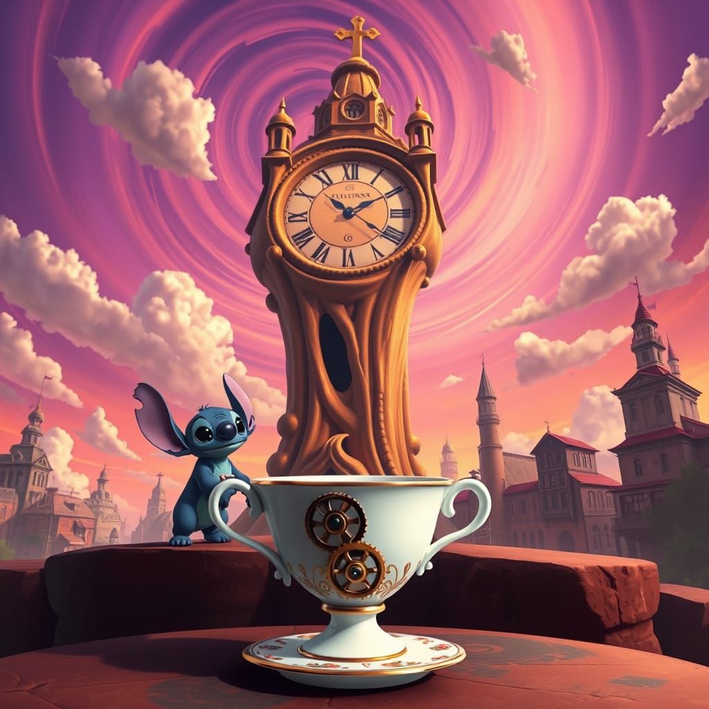 Surreal Dreamscape with Lilo and Stitch Discovering a Meltin...