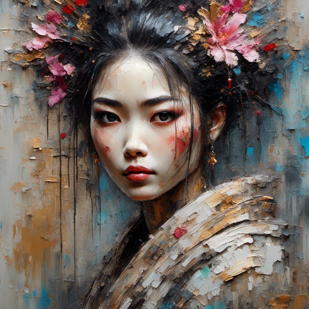 Geisha in Neo-Impressionist Expressionist Oil Painting