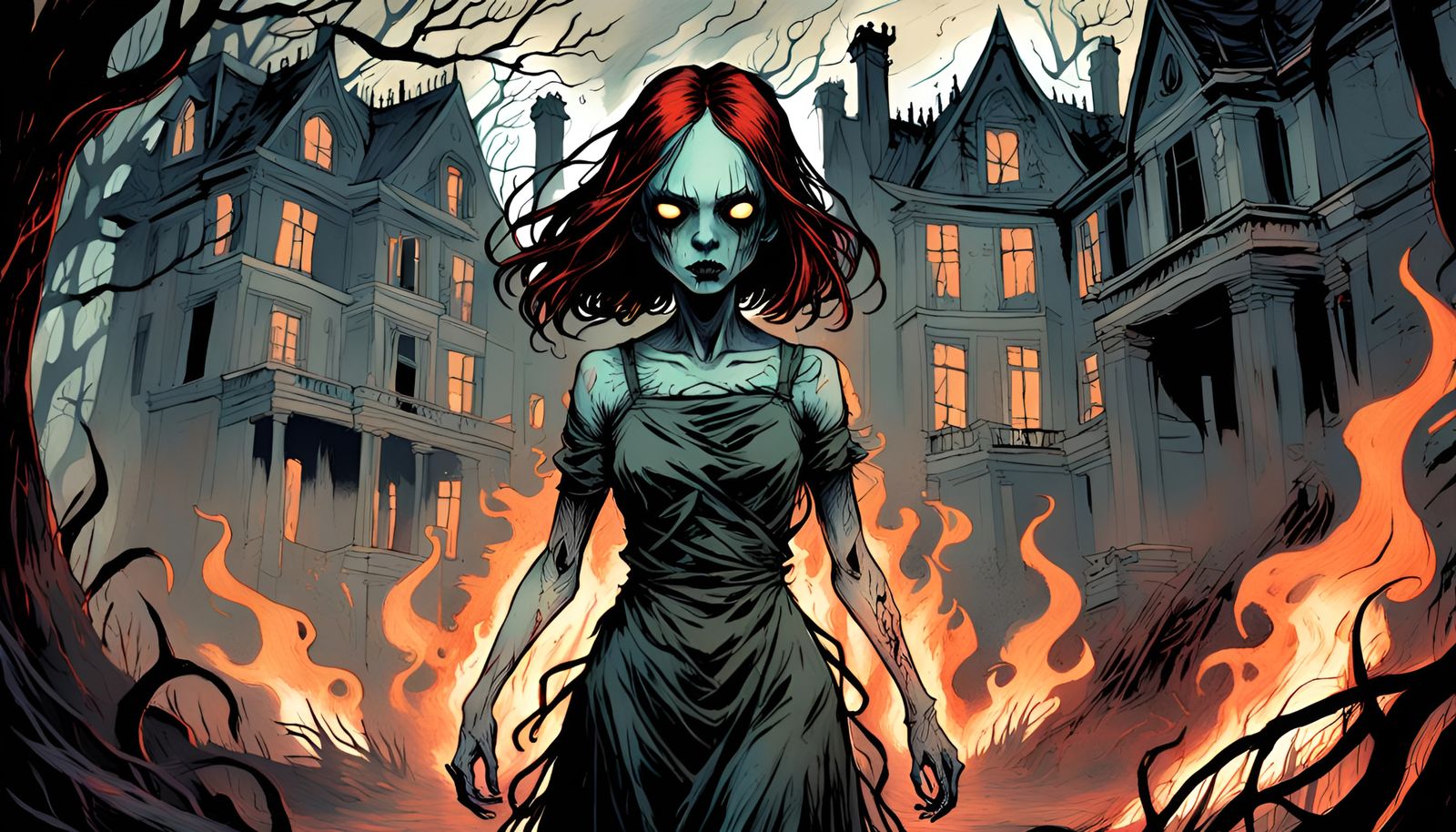 Eerie Horror: Spectral Girl in Overgrown Mansion