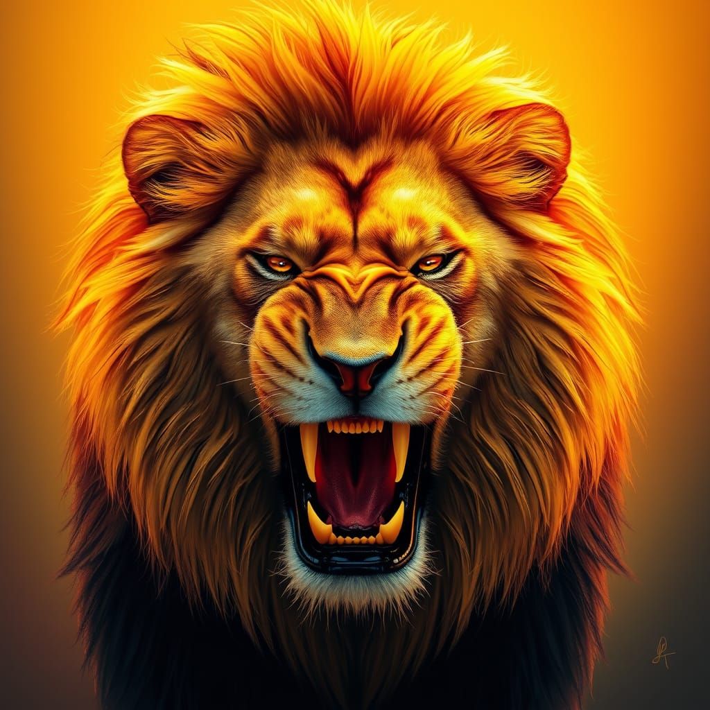 Majestic Lion with Fiery Mane, Set Against Vibrant Gradient ...