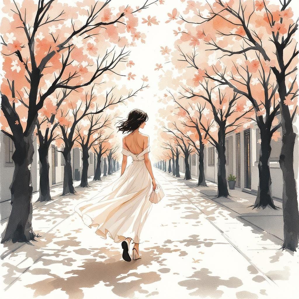 Elegant Woman Walking: Fashion Illustration in Ink and Water...