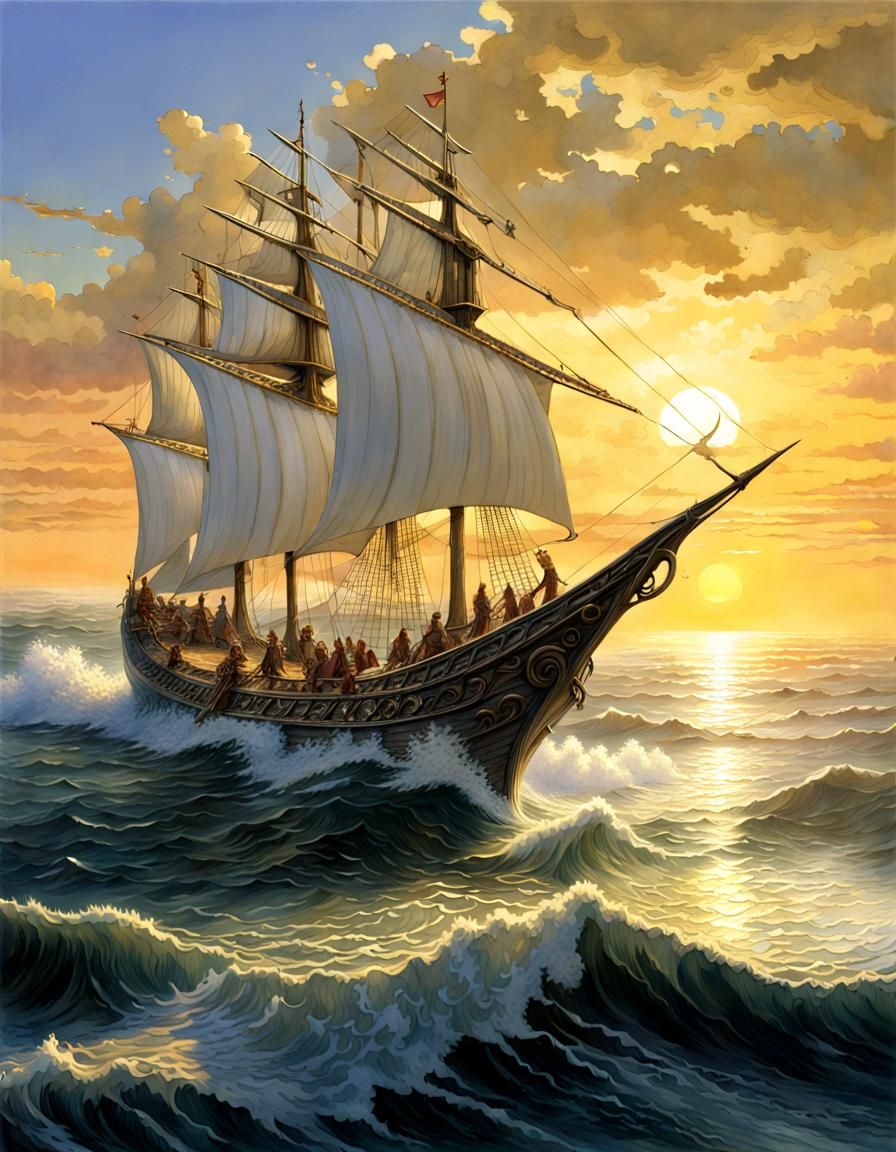 Art Nouveau Ship Sailing to the Sunset
