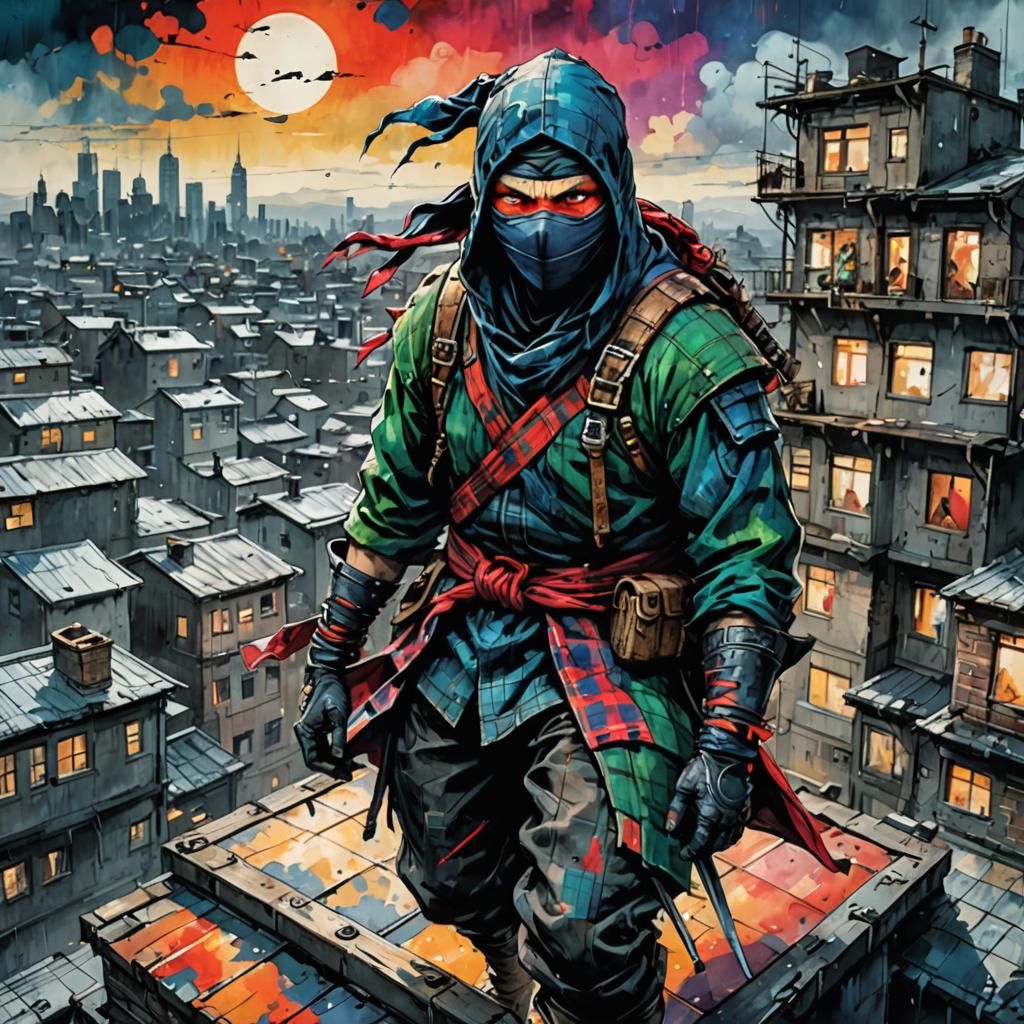 Plaid Ninja on Rooftop: Vibrant Mixed Media Art