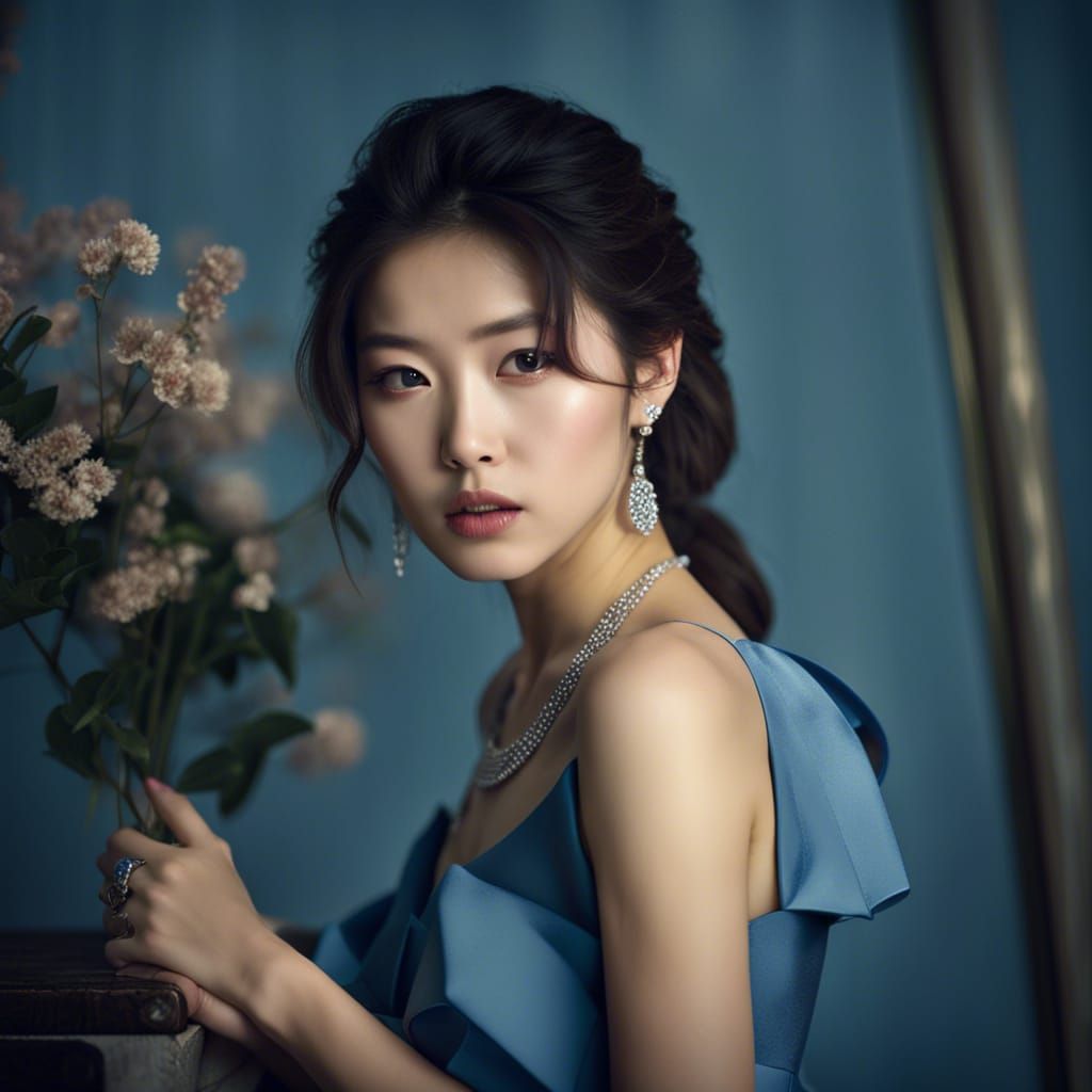 Korean Model in Blue Dress, Award-Winning Photograph