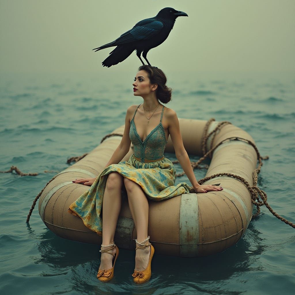 Ethereal Surrealist Scene with Raven and Dancer