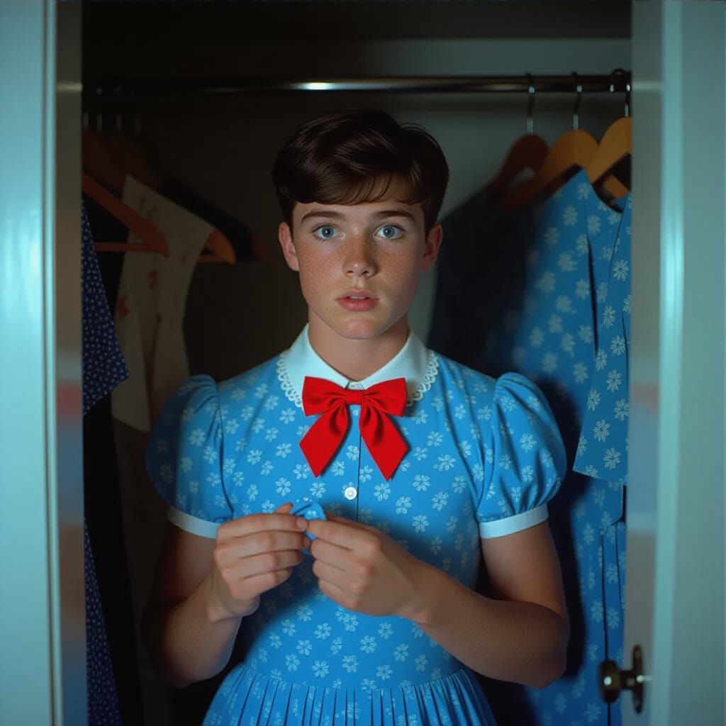 Young Man Caught with Dress: Cinematic Film Still