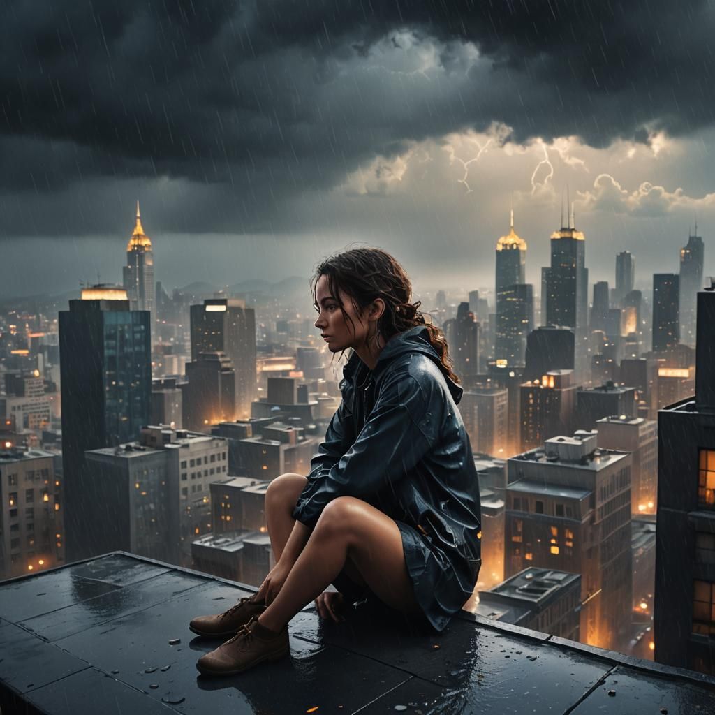 Rainy Cityscape: Girl on the Edge