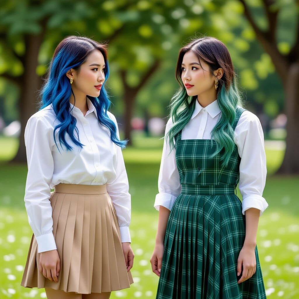 Two Women in Pleated Outfits in a Park