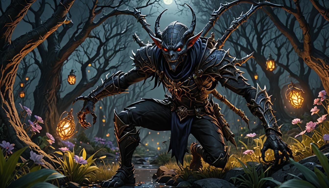 Detailed Spider Dark Elf Hunter at Night