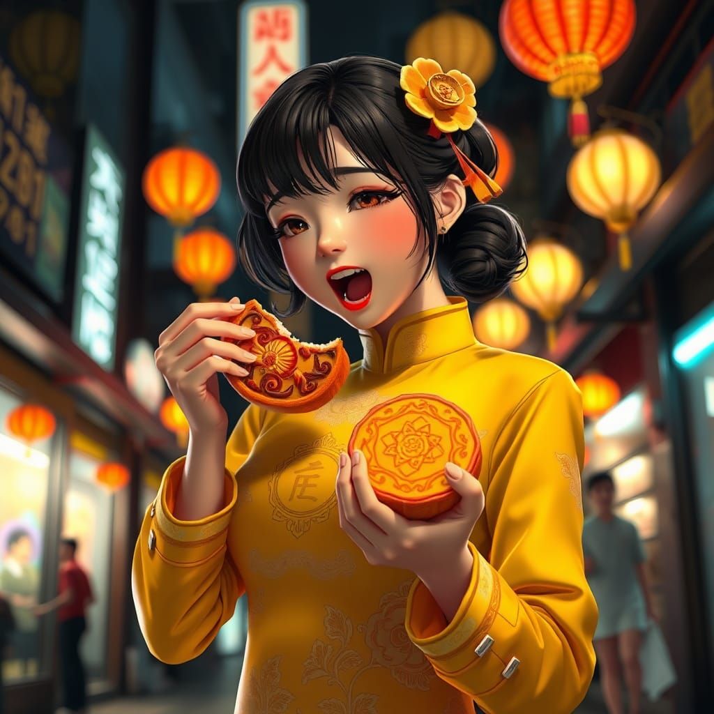 Girl in Cheongsam Eating Mooncake: 3D Anime Art