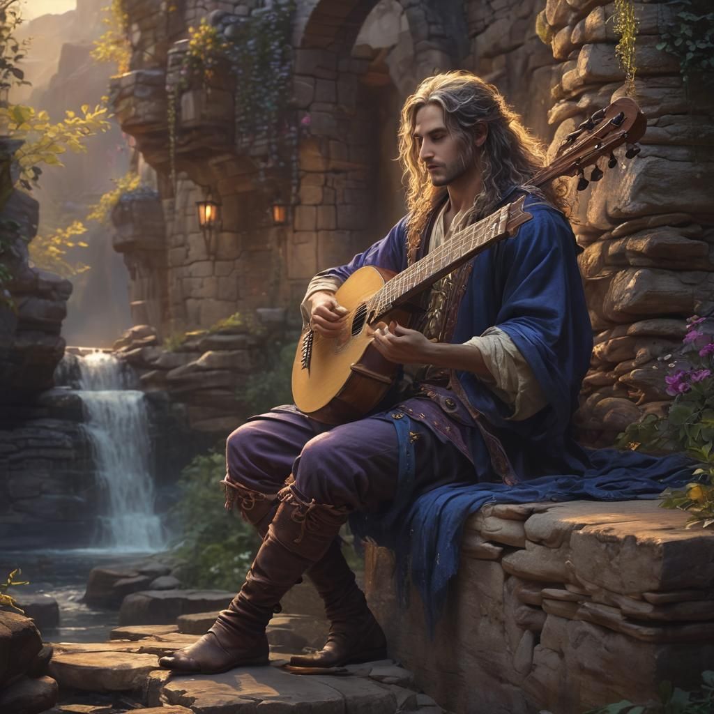 Sapphire Haired Bard with Golden Lute: Fantasy Art