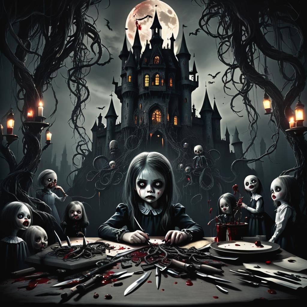 Scary little girl at a drawing table, with her creepy dolls