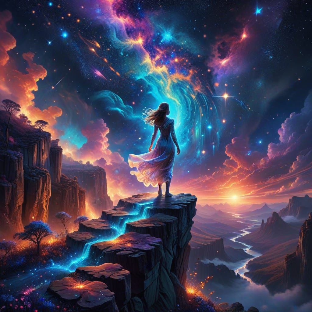 Woman Gazes at Seven Skies Over Cliff Edge