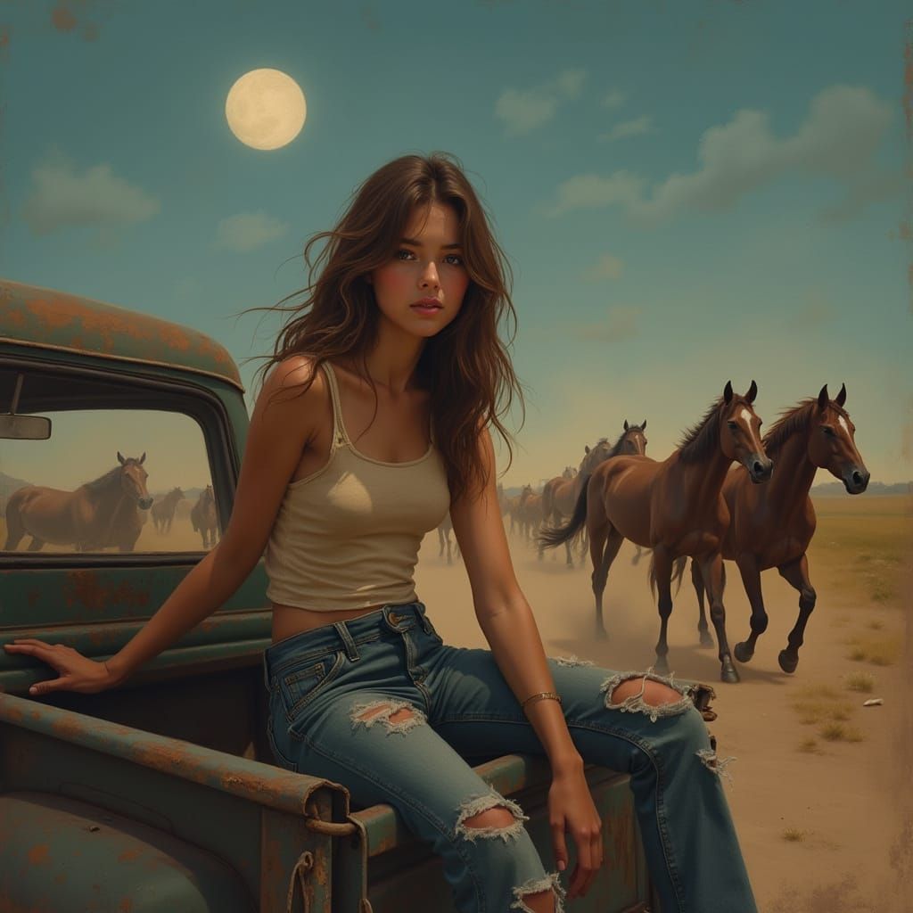 Sultry Country Girl Under Starry Night in Impressionist Brus...