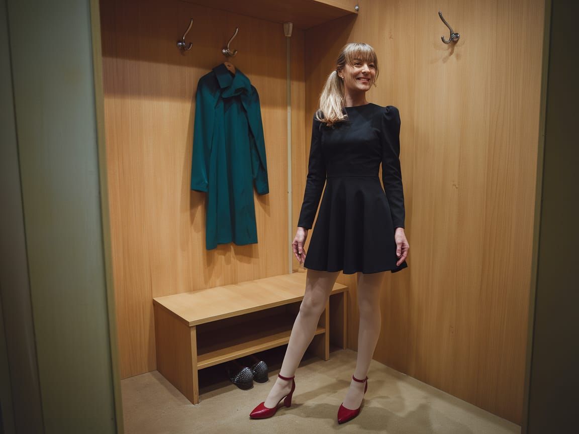 Smiling Woman in Mini Black Dress in Fitting Room