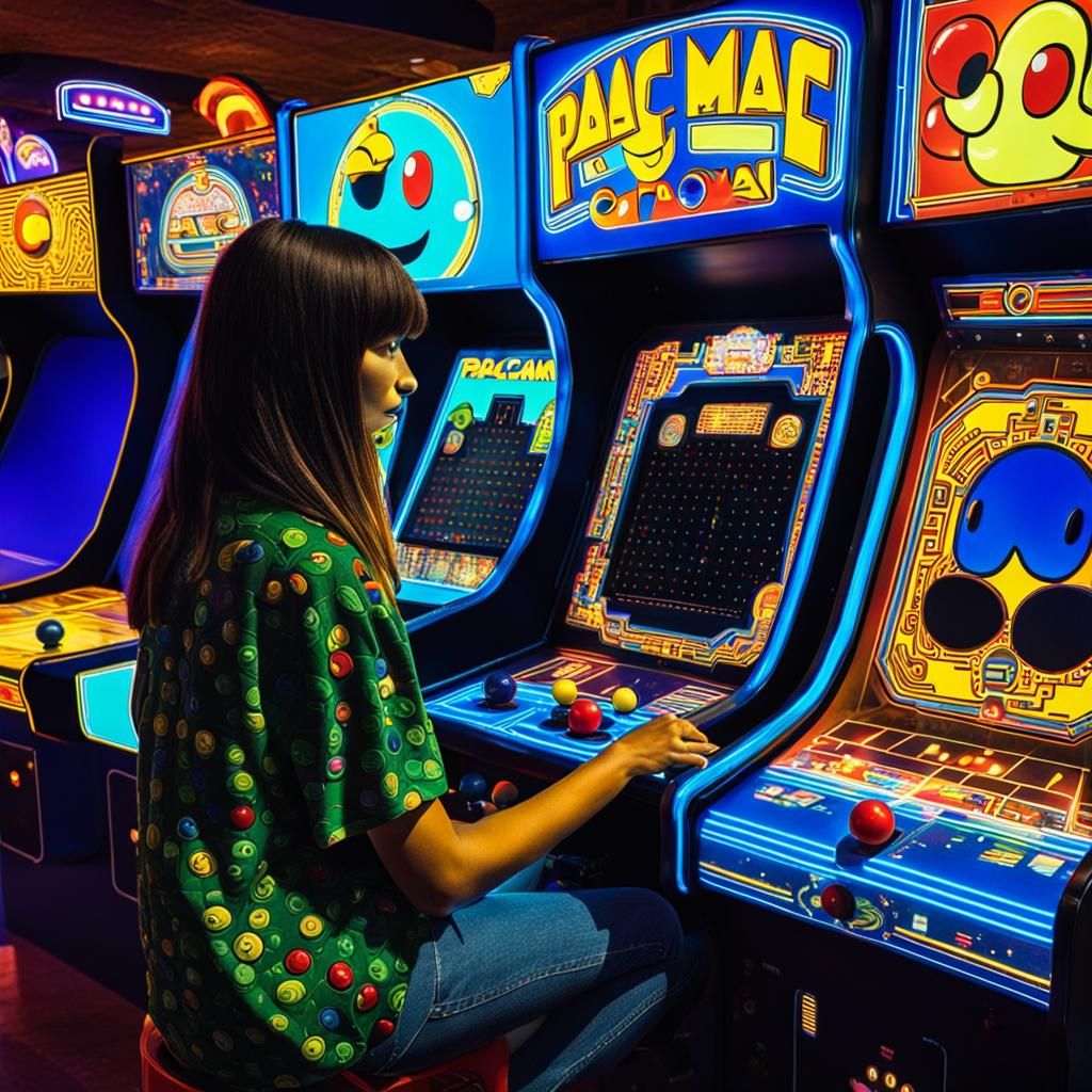 Groovy Turtle-Woman Plays Pac-Man at the Arcade