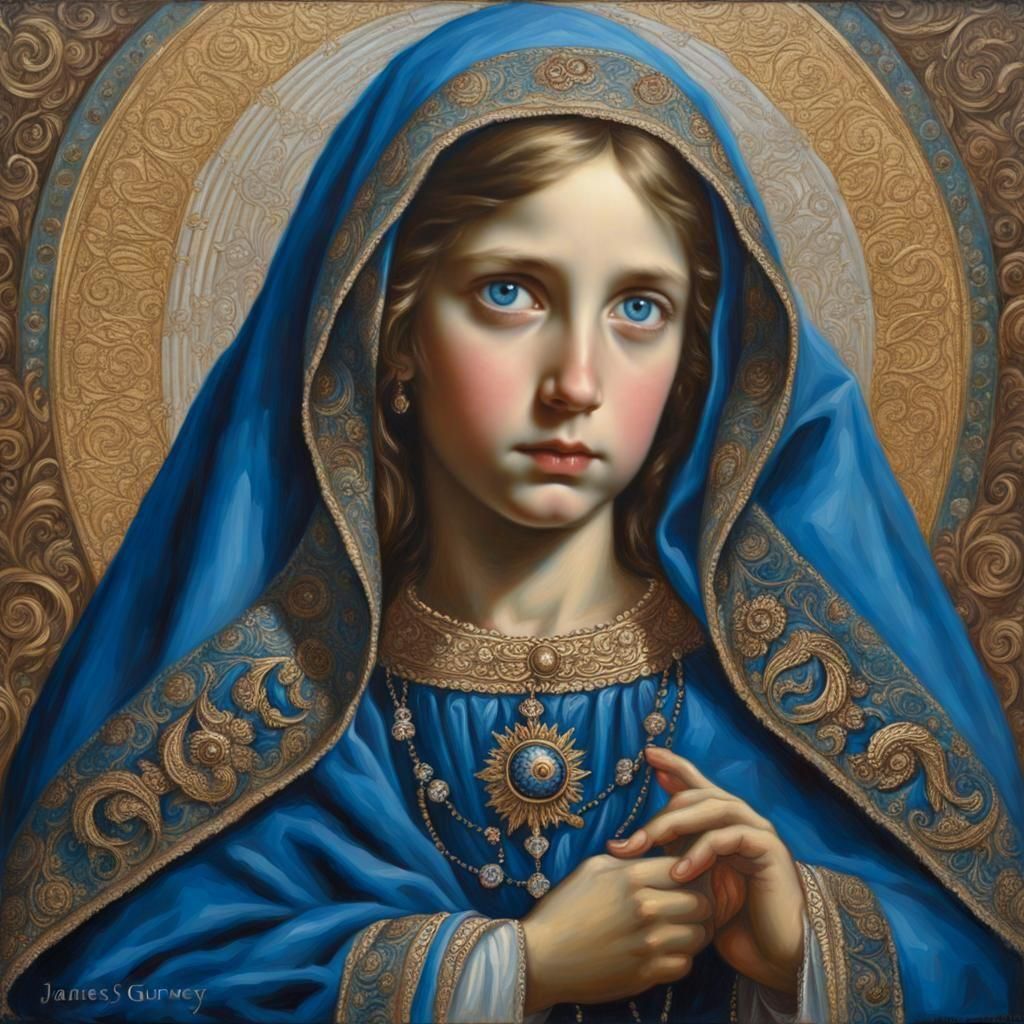 Detailed Oil Painting of Virgin Mary in Blue