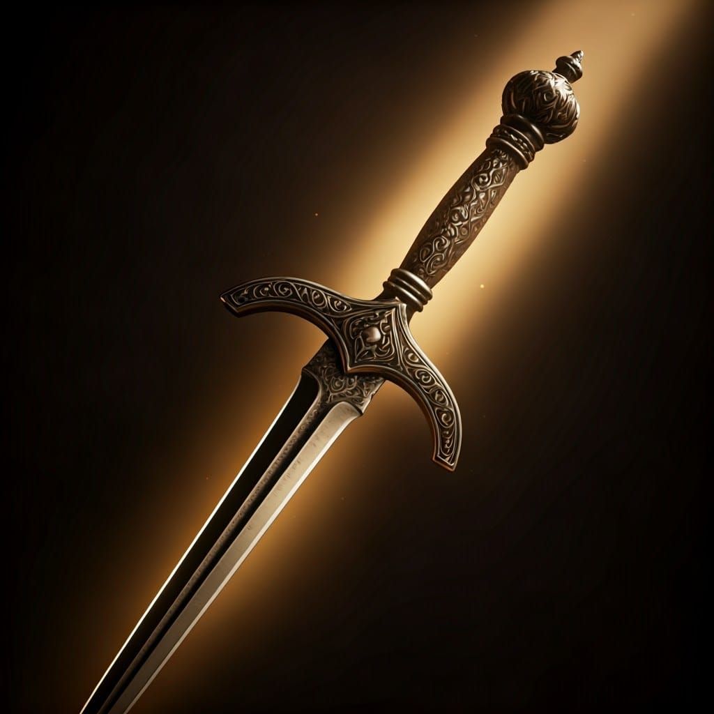 Ornate Steel Dagger with Golden Lighting