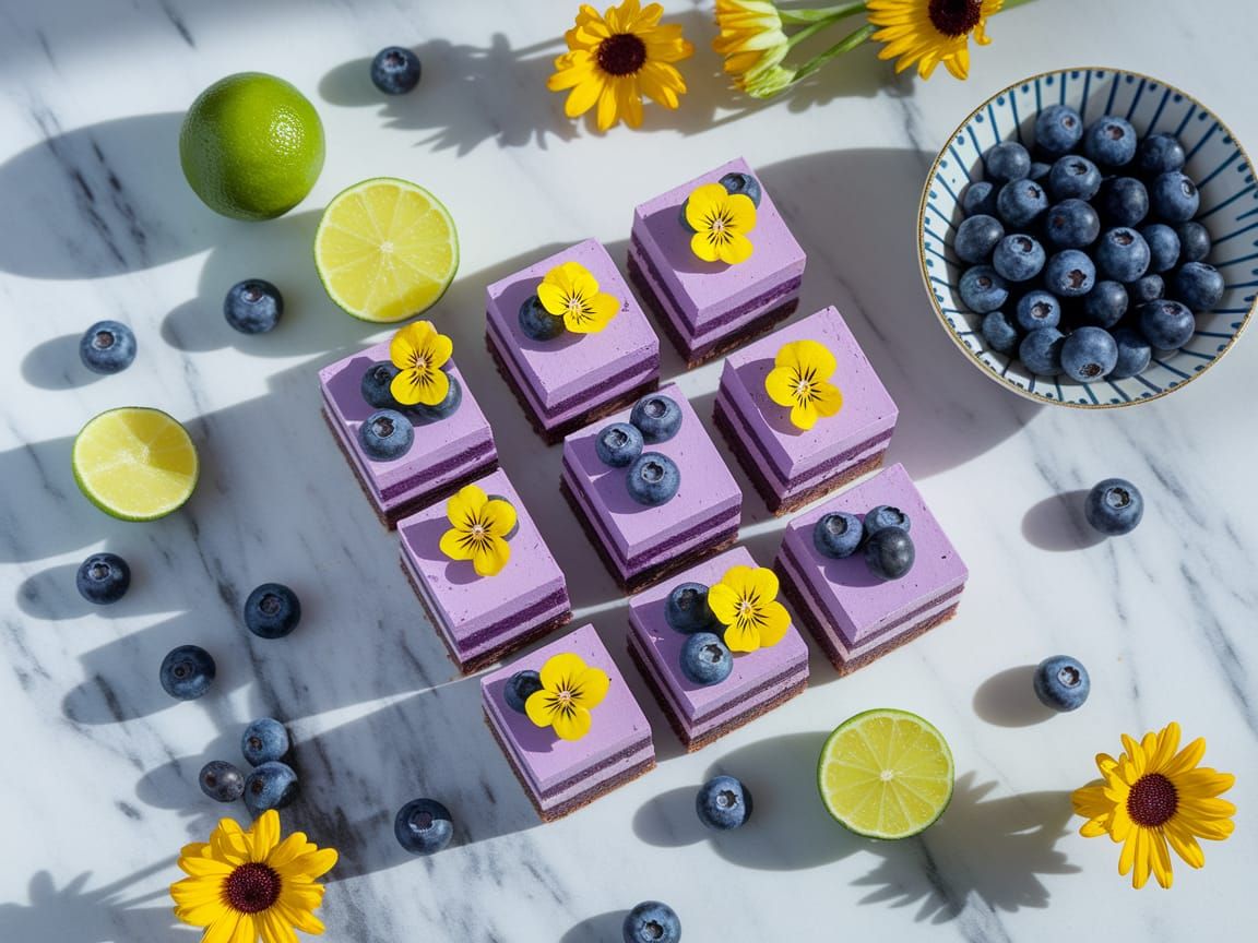 Vibrant Blueberry Cheesecake Flat Lay in Elegant Food Stylin...